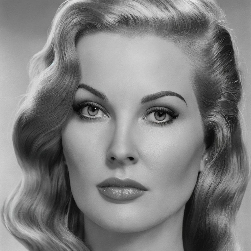 Monochrome portrait of woman with wavy hair and arched eyebrows