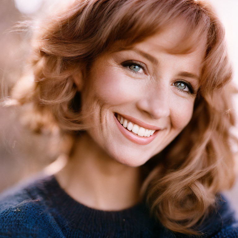 Smiling woman with auburn hair in blue sweater on blurred background