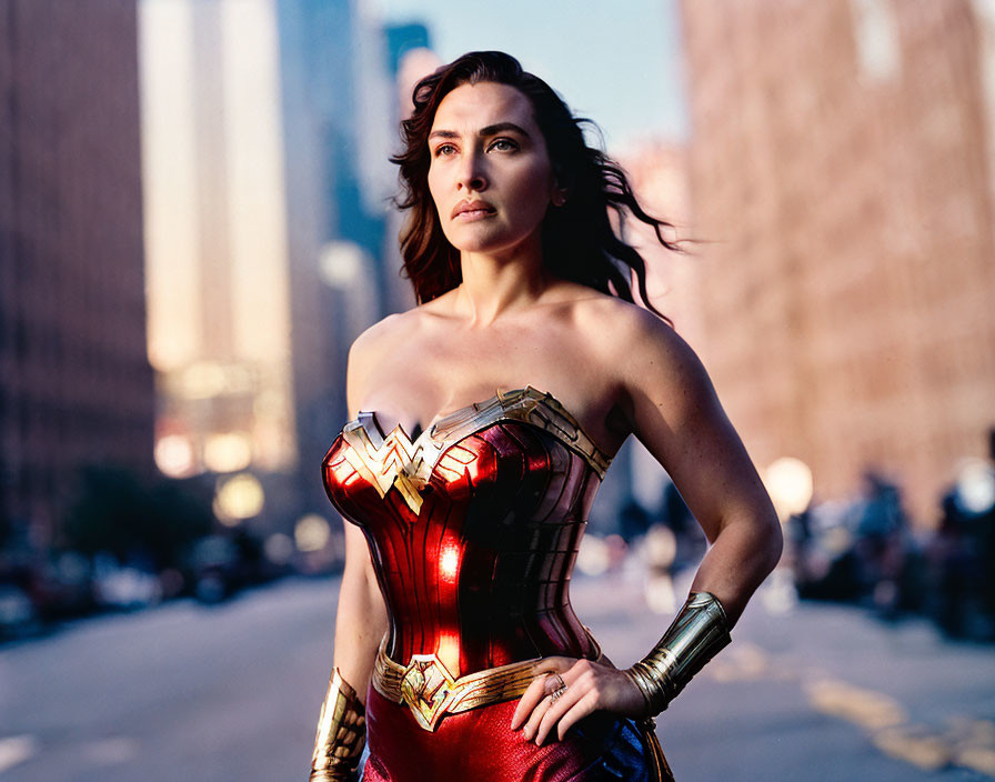 Woman in Wonder Woman costume on city street with blurred buildings