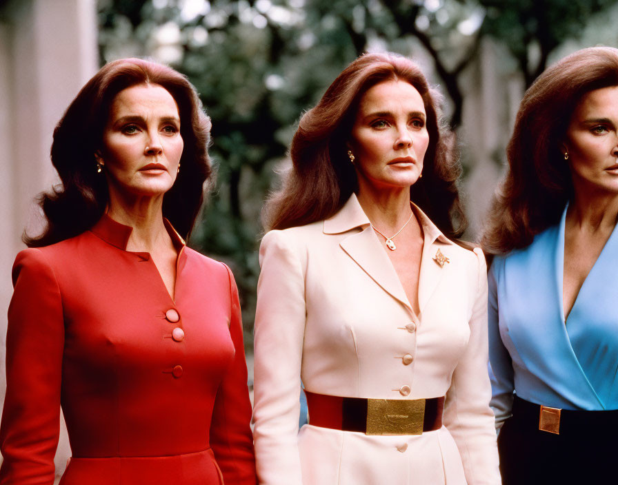 Three women in red, cream, and blue elegant attire side by side