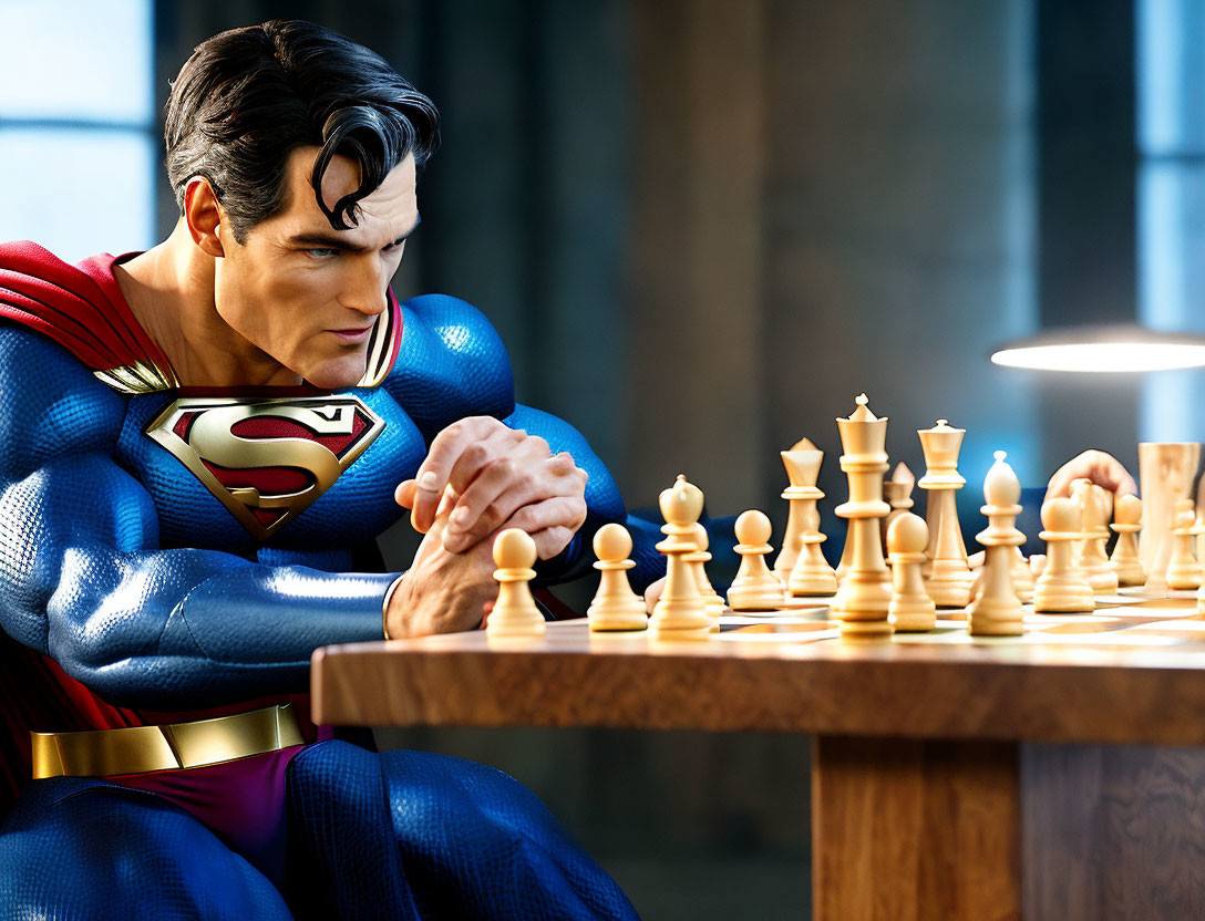 Superhero character in 'S' costume playing chess thoughtfully