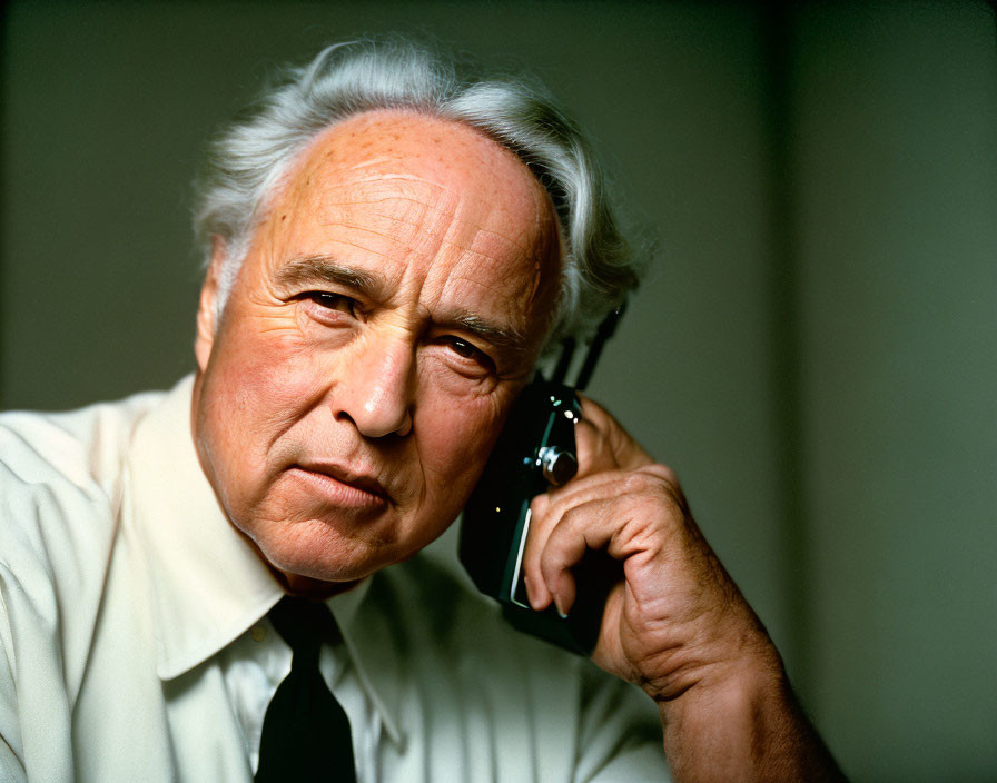 Elderly man with white hair holding a gun to his head in serious expression