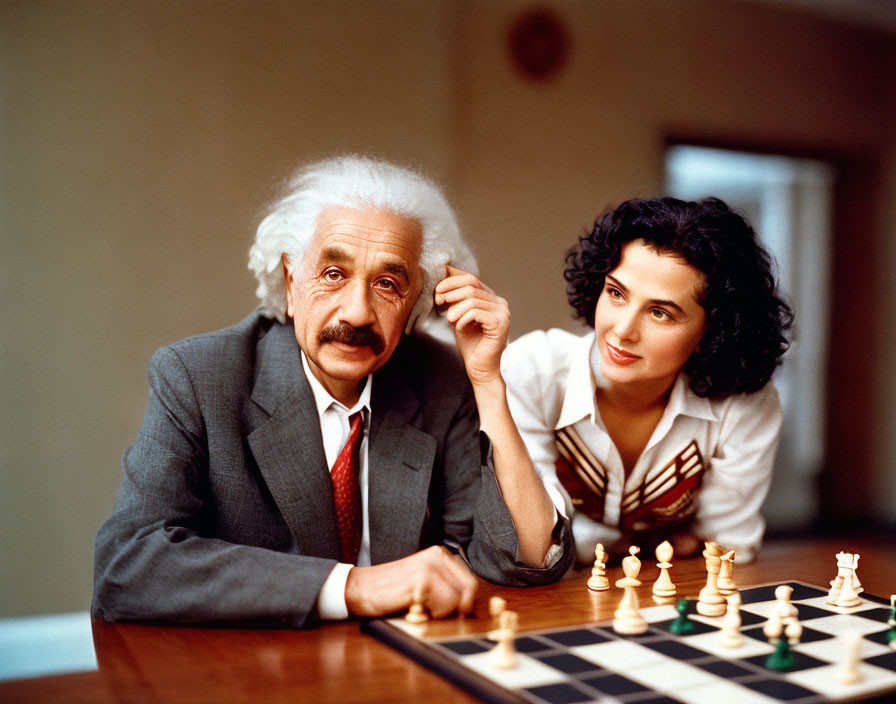 Elderly man with white hair and young woman play chess at table