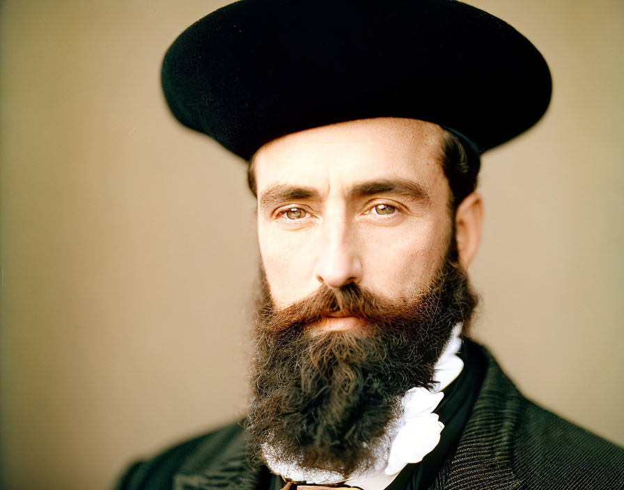 Traditional clothing man with large black beret and beard.