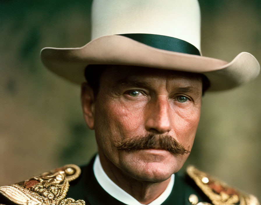 Military portrait of stern man with handlebar mustache in uniform.