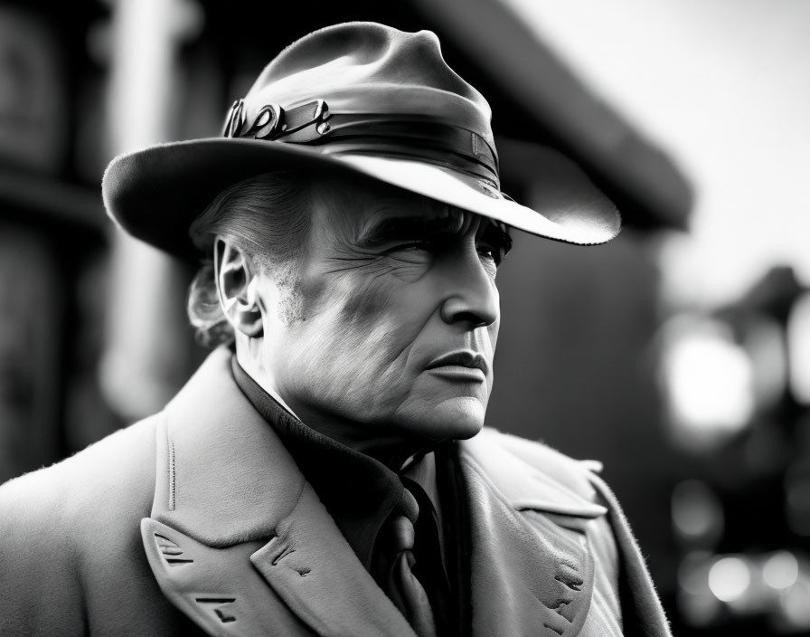 Monochrome portrait of man in fedora hat and trench coat