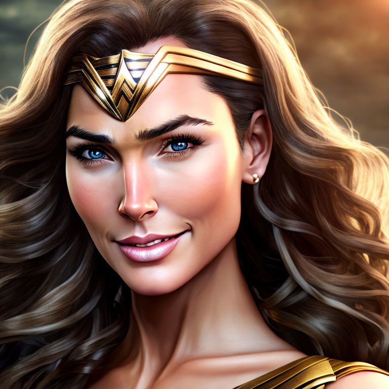 Smiling woman with wavy hair and gold tiara in digital art