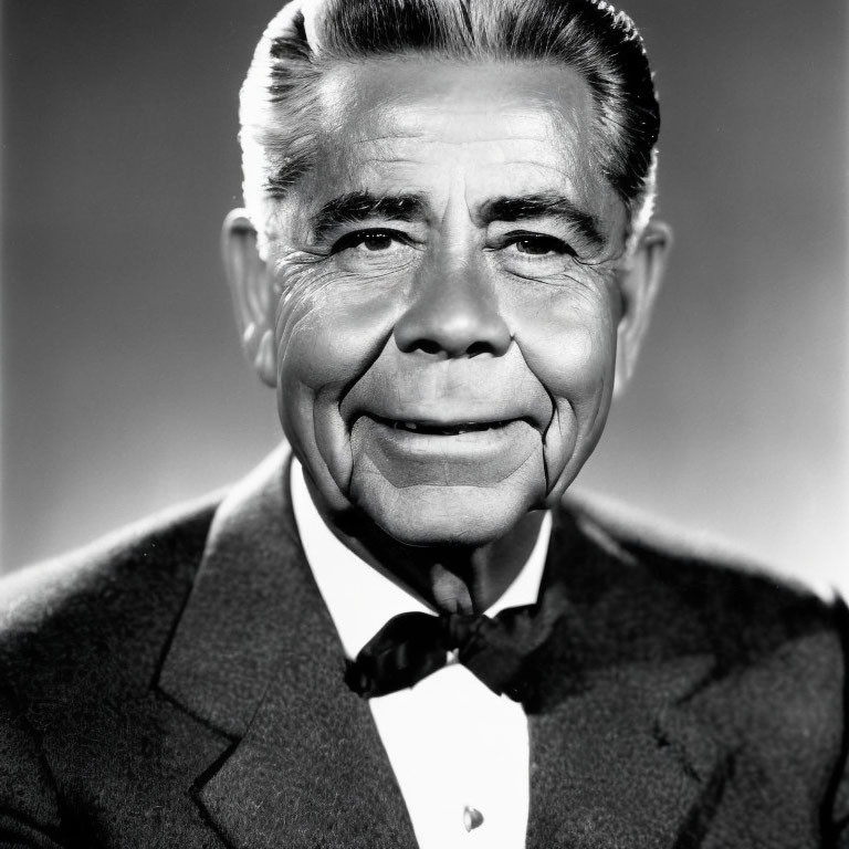 Monochrome portrait of smiling older man in suit jacket