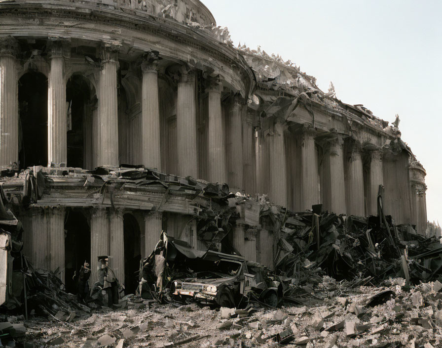 Classical building ruins with columns, debris, wrecked car, and people observing