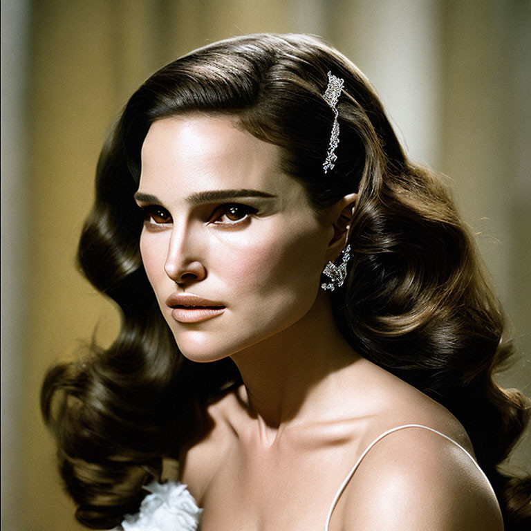 Elegant woman with wavy hair and diamond accessories on beige backdrop