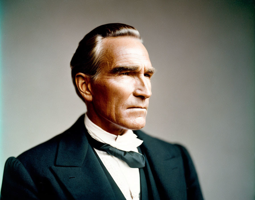 Colorized portrait of older man with slicked-back hair and bow tie in black jacket