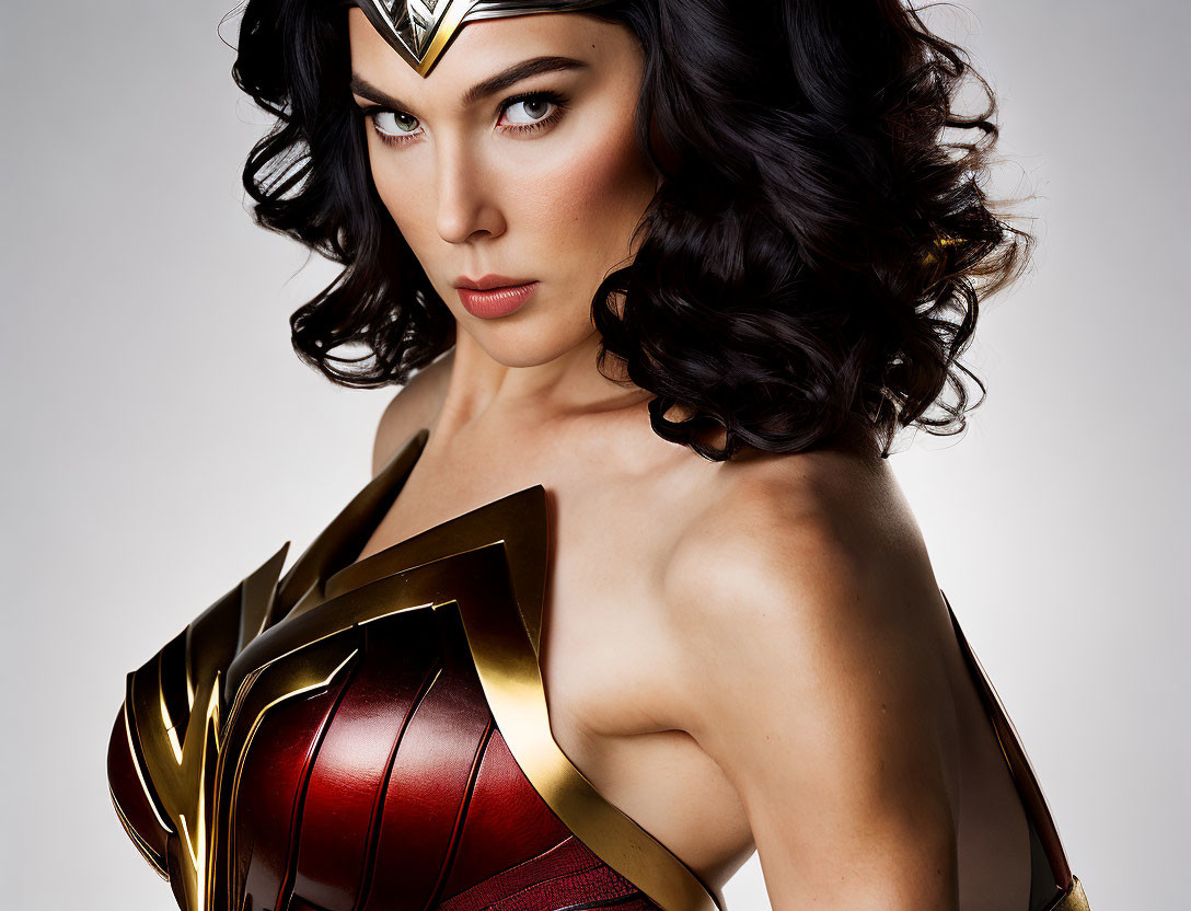 Female cosplayer as iconic superhero with tiara and intense look, golden costume on light background