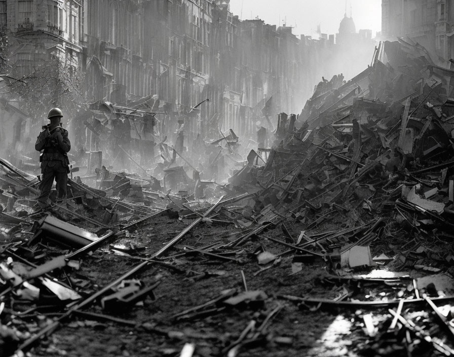 Soldier navigating debris-filled street in ruined cityscape.