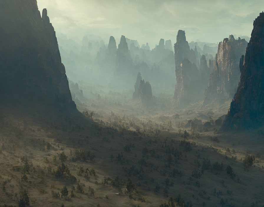 Rugged Canyon with Towering Rock Formations and Sparse Vegetation