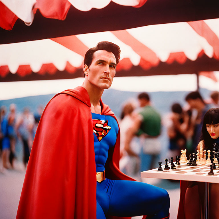 Superman Cosplayer at Chessboard with Crowd and Striped Tent