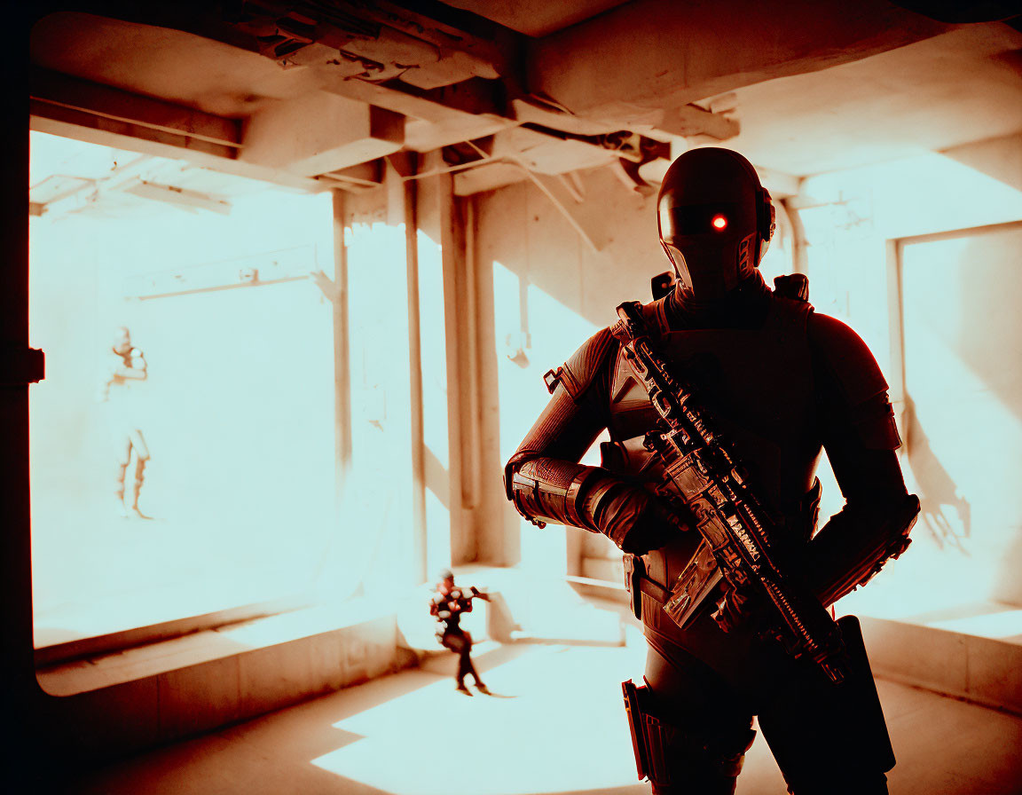 Futuristic soldier silhouette with rifle in red-lit corridor