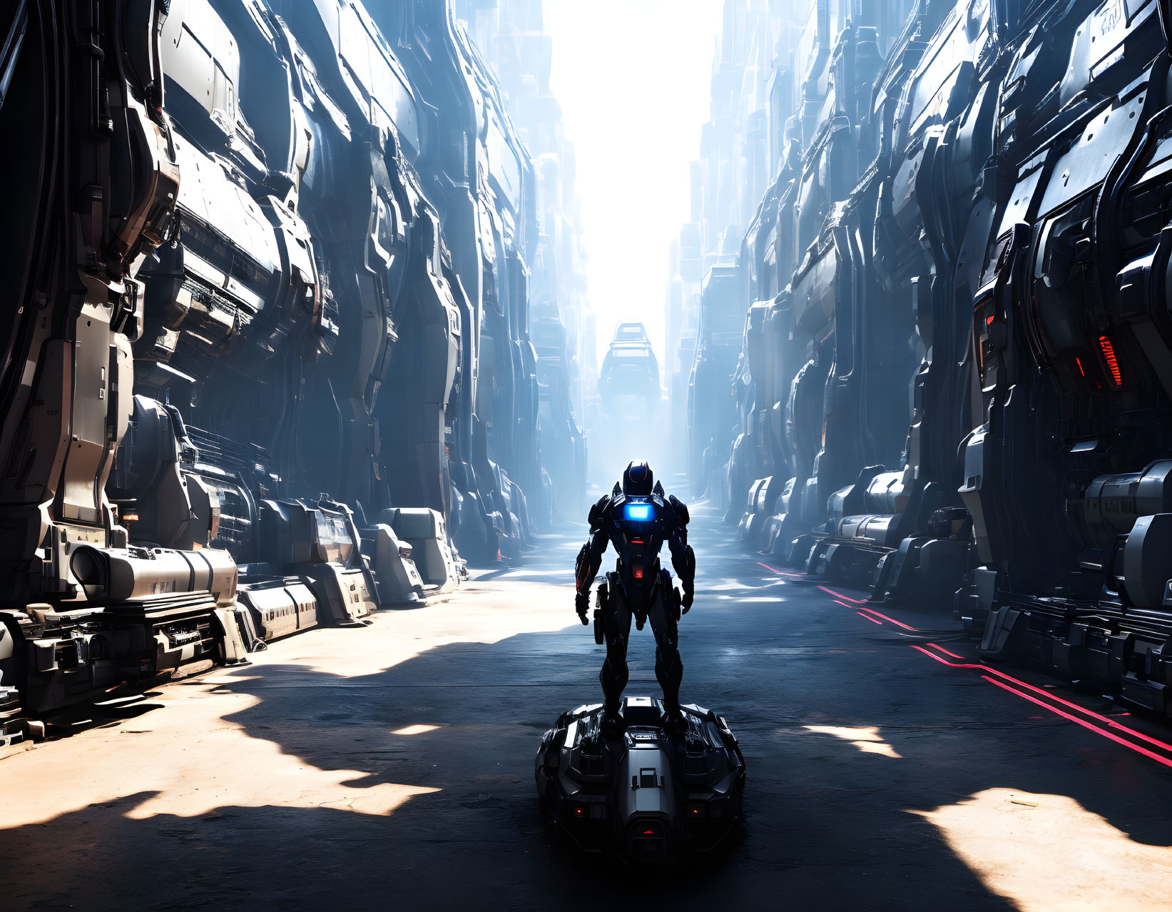 Futuristic armored figure and vehicle in shadowy sci-fi cityscape