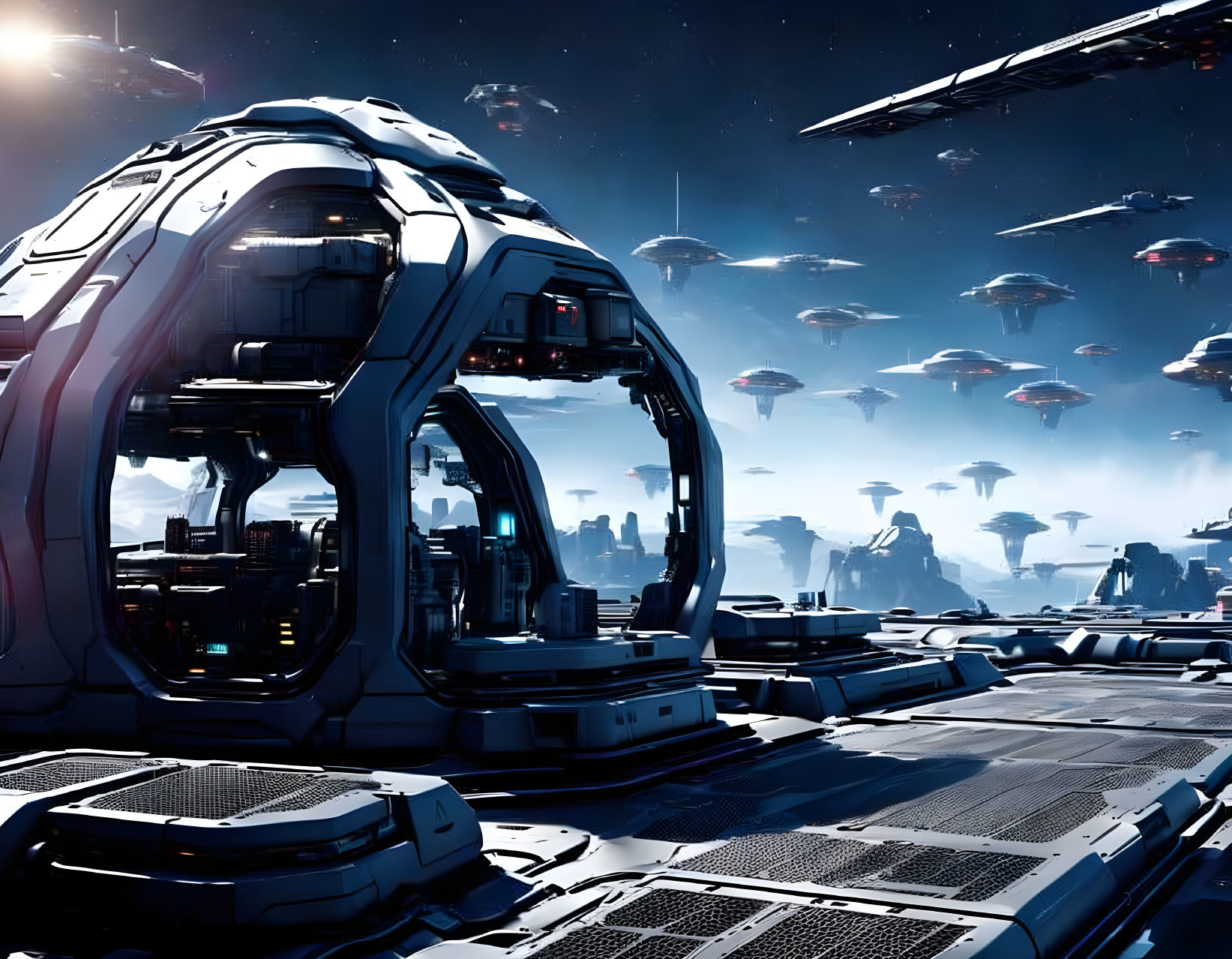 Futuristic spaceport with sleek structures and flying spaceships