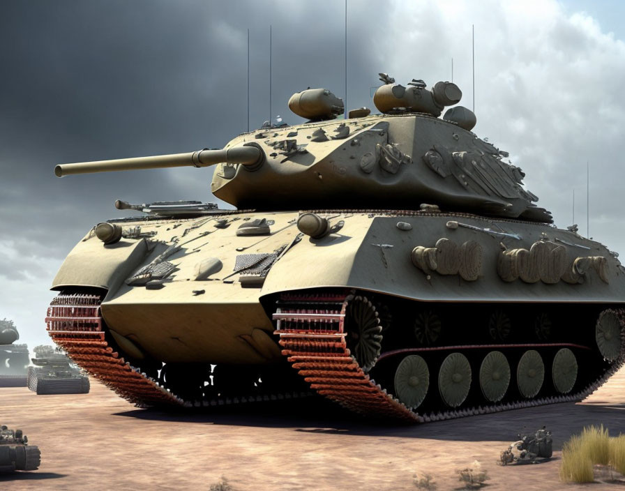 Detailed desert battle tank with heavy armor and cannon, surrounded by similar tanks.