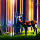 Majestic deer with antlers by tranquil forest waterbody