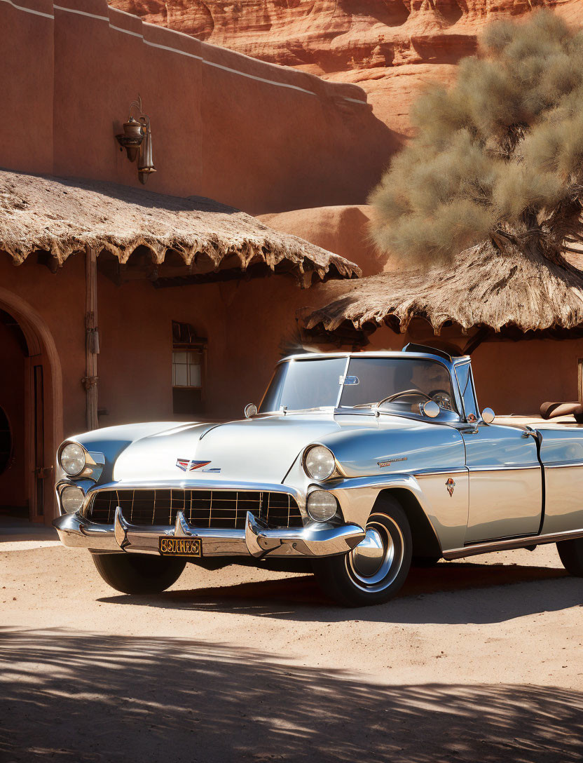 Vintage Light Blue Convertible Car Parked by Adobe-Style Building