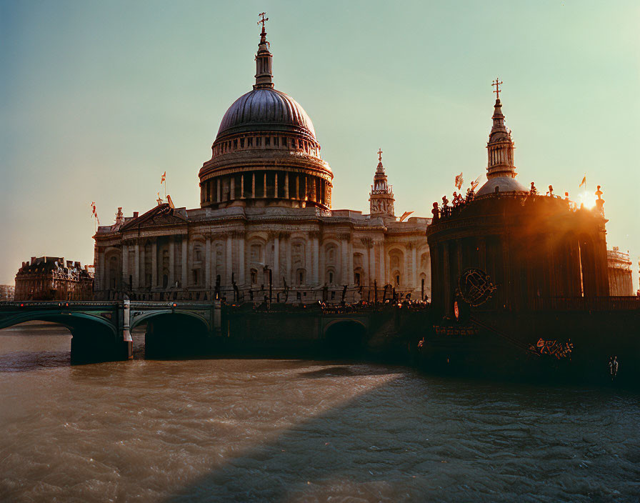 Iconic London Cathedral Sunset with Thames Bridge