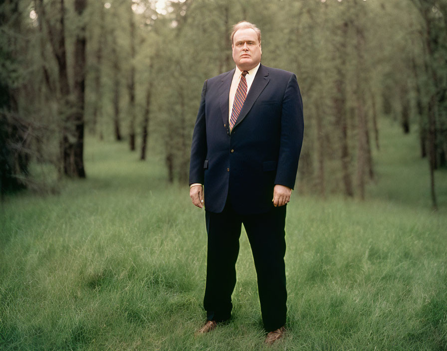 Businessman in suit standing in forest clearing with tall green trees