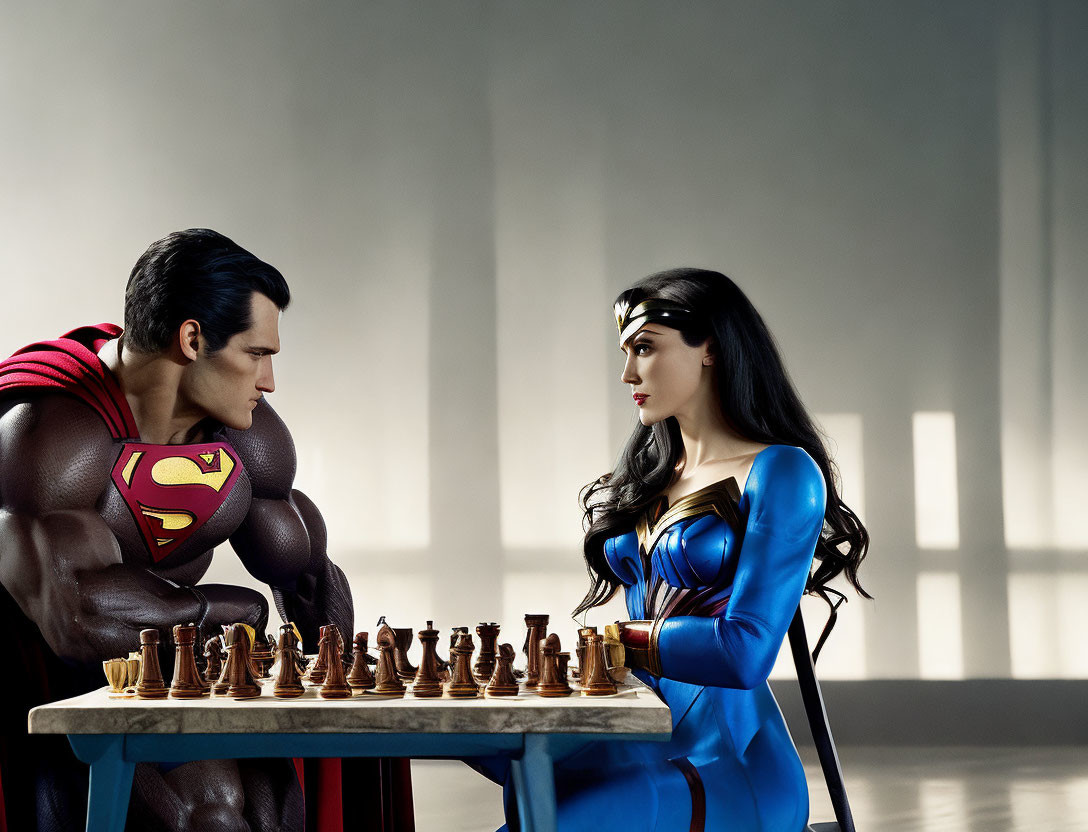 Superhero Costumes Chess Game in Shadowy Room