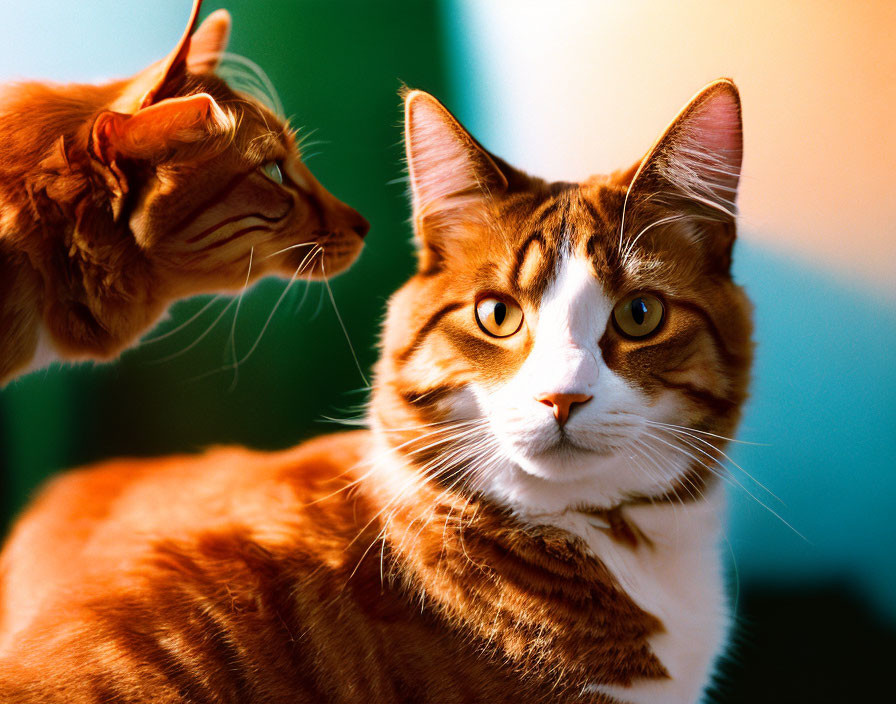 Two domestic cats with distinct markings on green and blue background