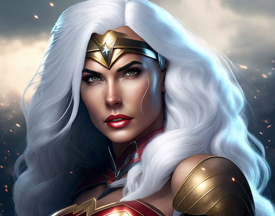 Female superhero with white hair in red and gold armor and tiara, gazing intently