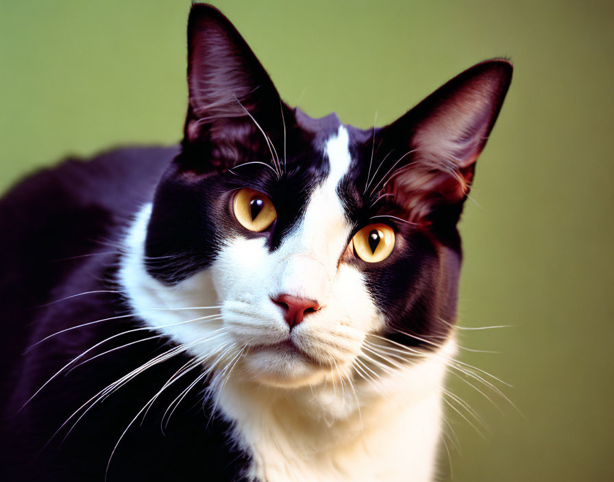 Prominent Whiskers and Yellow Eyes on Black and White Cat