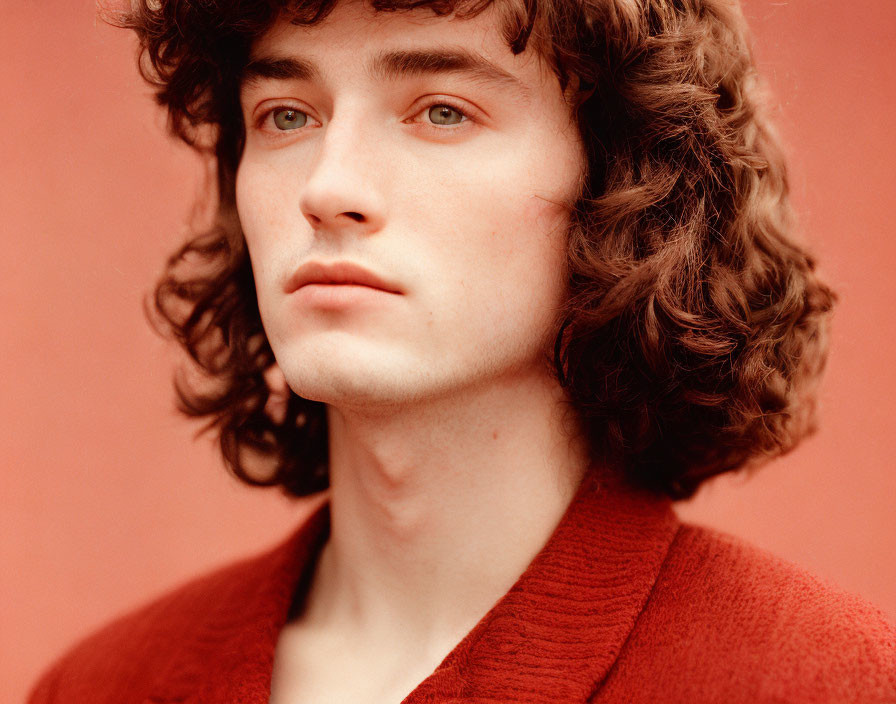 Curly-Haired Young Man in Red Cardigan on Red Background