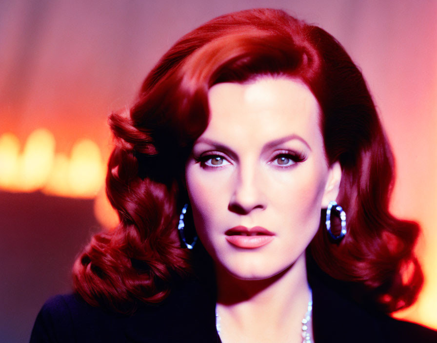 Woman with Wavy Red Hair and Dramatic Makeup on Warm Background