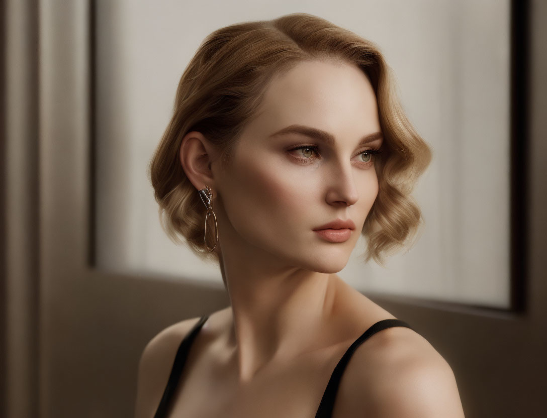 Pensive woman with short wavy hair and earring in soft-focus scene