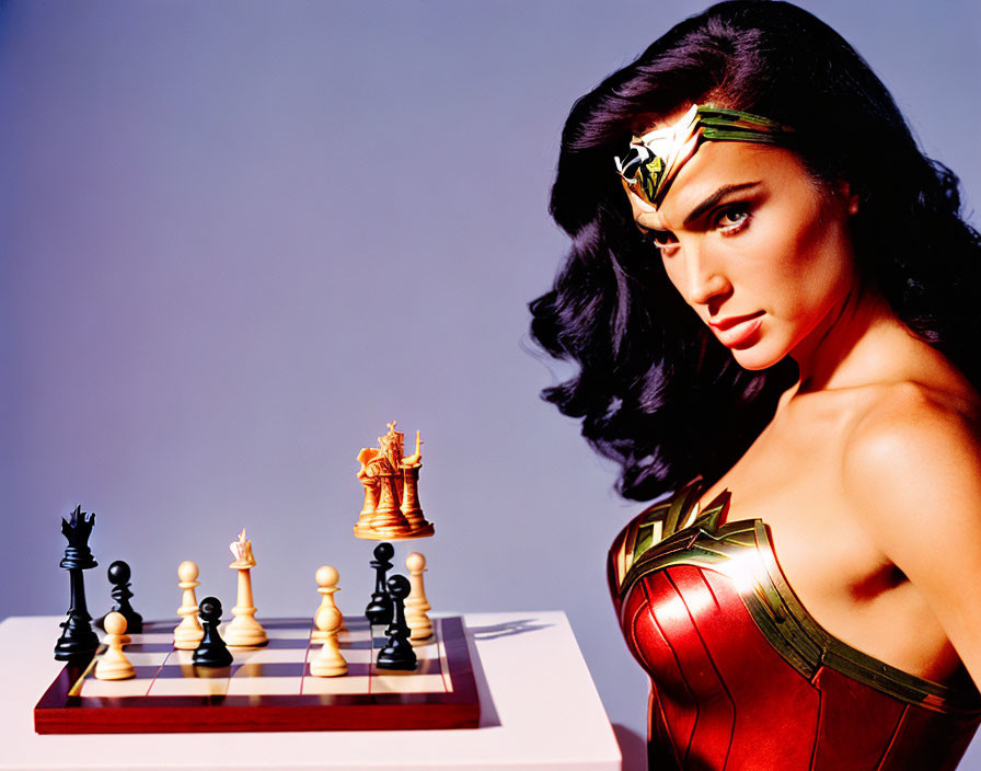 Person in Wonder Woman costume studying chessboard setup closely