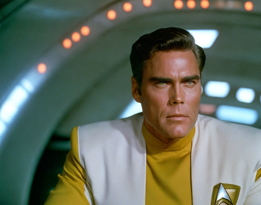 Man in yellow uniform gazes in spacecraft corridor with panels