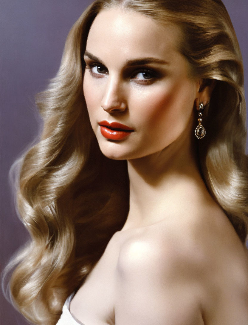 Blonde Woman Portrait with Red Lipstick and Earring on Purple Background