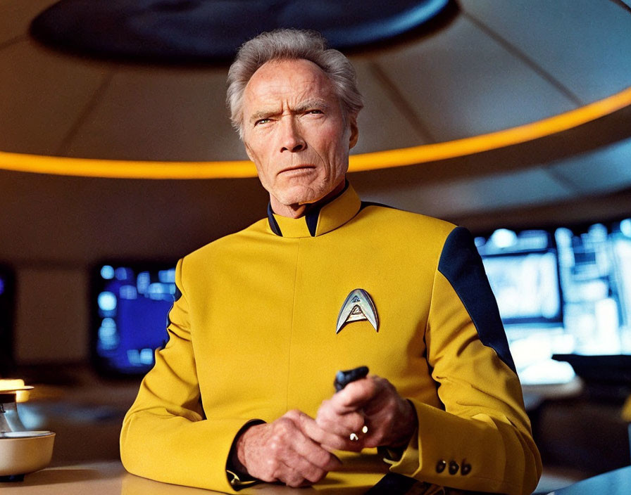 Elderly man in yellow Starfleet uniform inside spaceship