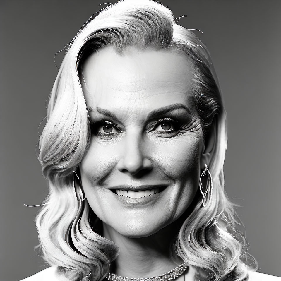 Monochrome portrait of smiling woman with blonde hair and jewelry