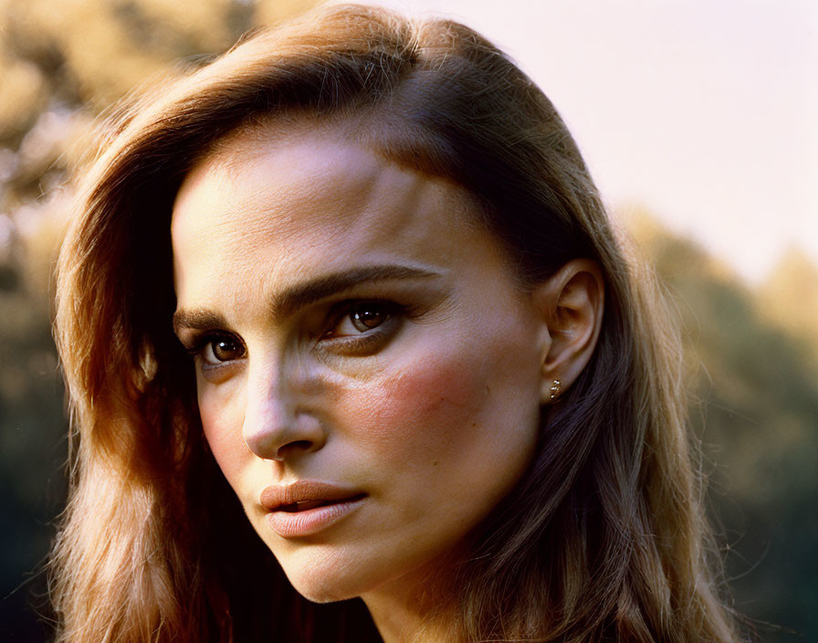 Intense gaze woman portrait with dark eyebrows and brown hair at golden hour