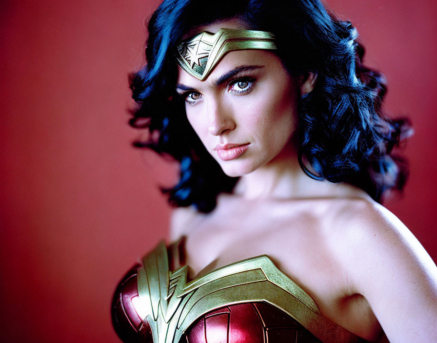 Woman in Wonder Woman costume with tiara, gazing at camera on red backdrop