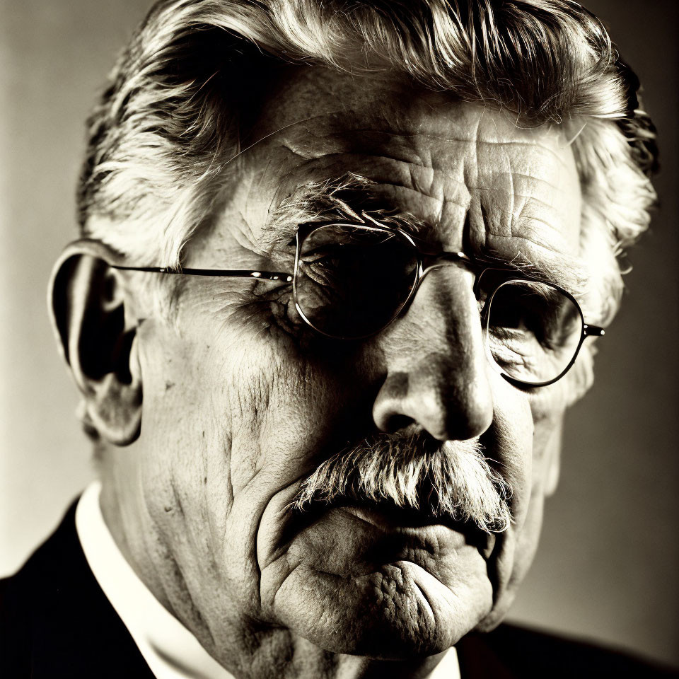 Monochrome portrait: elderly man with mustache and glasses gazes sideways