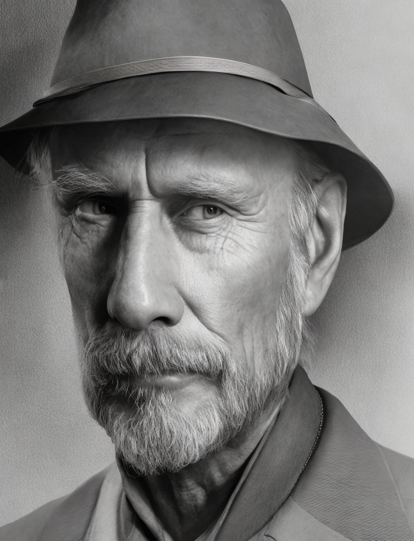 Monochrome portrait of elderly man with beard, mustache, and hat