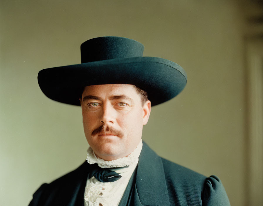 Serious man with mustache in bowler hat and cravat