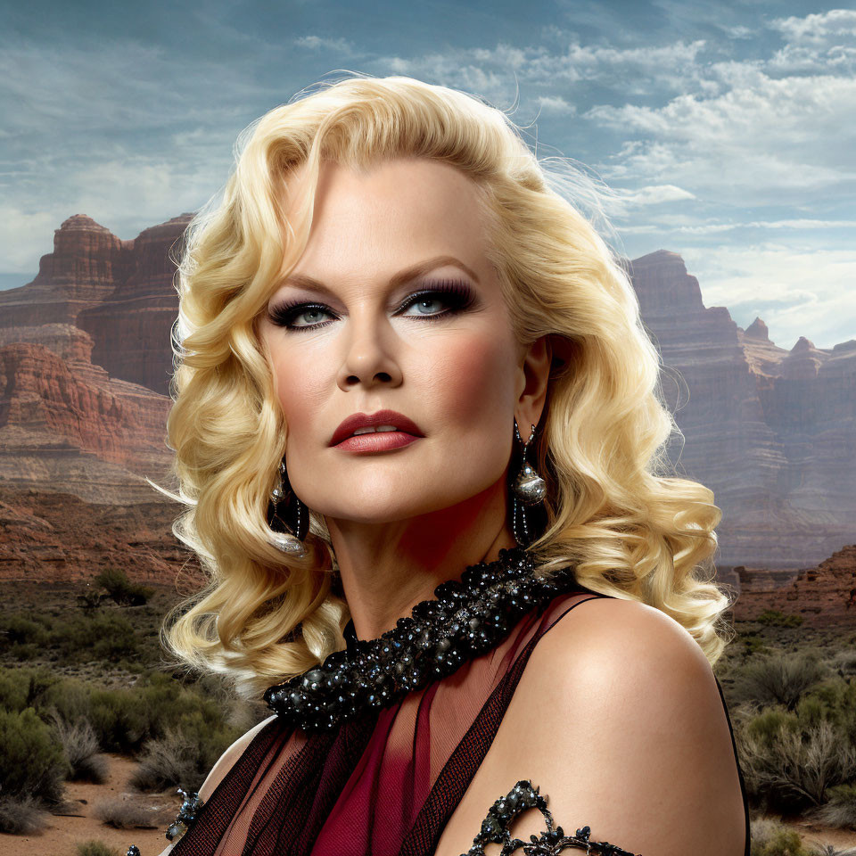 Blonde woman in elegant dress against desert backdrop