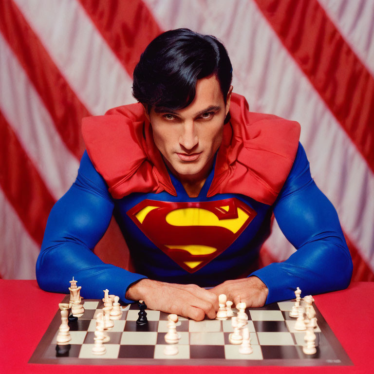 Superman Chess Player with Red and White Striped Curtain Background