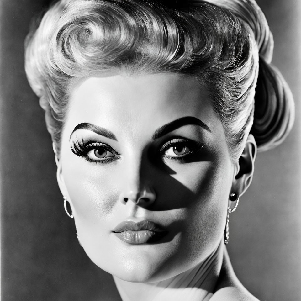 Monochrome portrait of woman with elegant updo and drop earrings