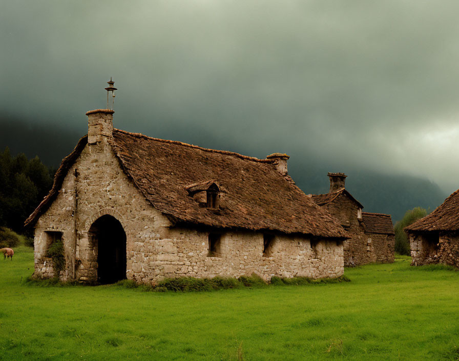 Stone cottage with mossy roof in foggy landscape