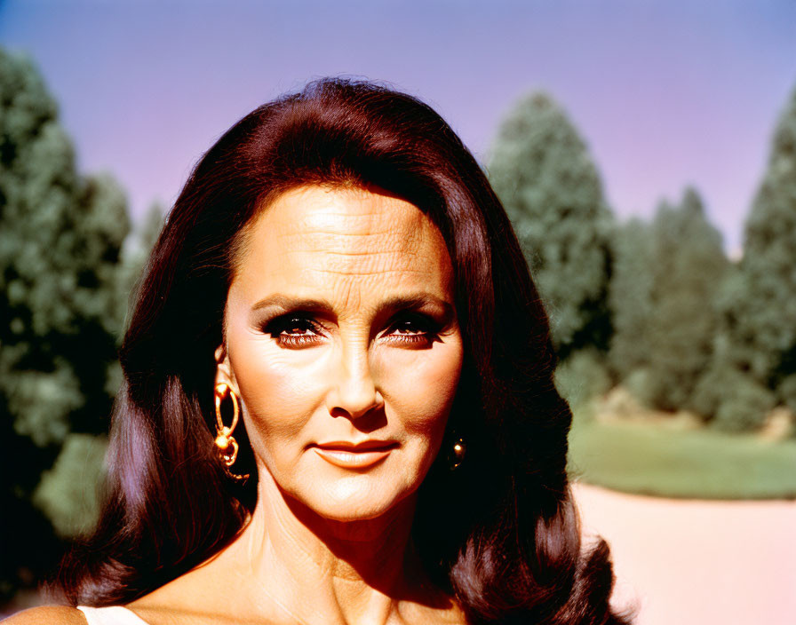 Portrait of woman with dark hair and bold makeup outdoors.