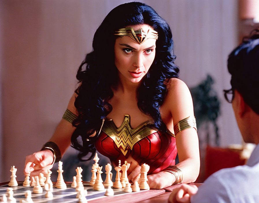 Person in Wonder Woman costume playing chess with focused expression